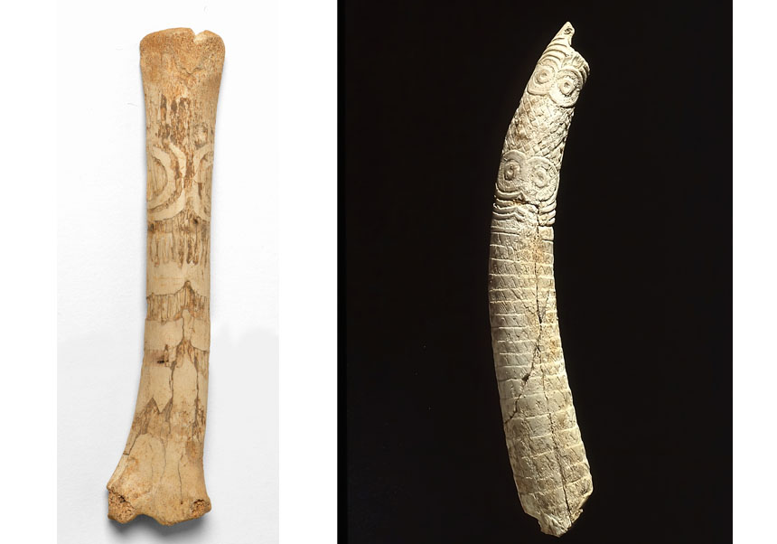 (De izquierda a derecha.) Ídolo oculado del Yacimiento de la Cova de la Pastora (Alcoi). Foto: Museu Arqueològic d’Alcoi. También, patrones decorativos del ídolo oculado del yacimiento de la Ereta del Pedregal (Navarrés, Valencia).